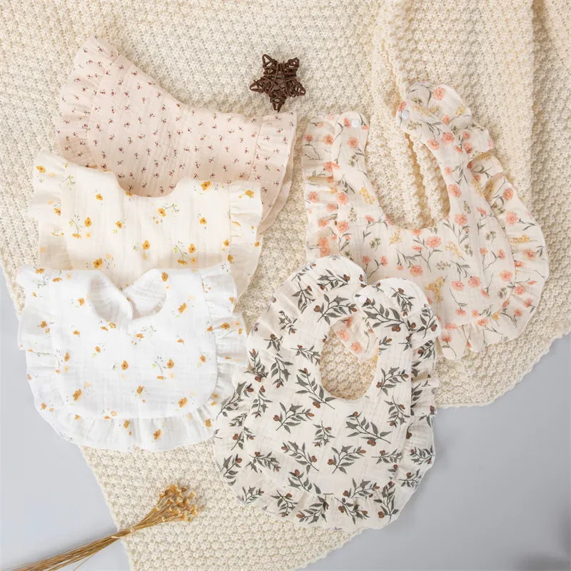 Kids Newborn Cute Tiny Flower Print Cotton Gauze Baby Drool Bibs for Girls