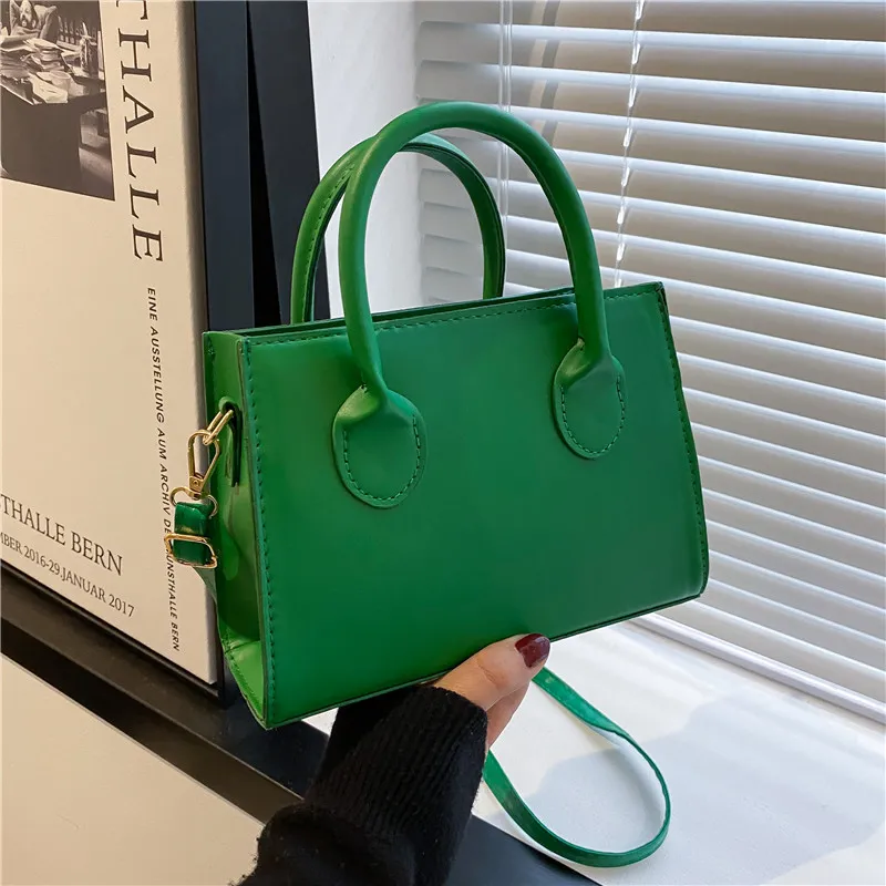 Women Simple Solid Color Square Handle PU Shoulder Bag Small Zipper