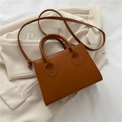 Women Simple Solid Color Square Handle PU Shoulder Bag Small Zipper