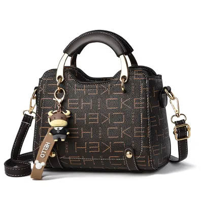 Women Fashion Letter Printing Cartoon Pendant Large Capacity Square PU Handle Shoulder Bag