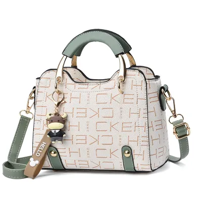 Women Fashion Letter Printing Cartoon Pendant Large Capacity Square PU Handle Shoulder Bag