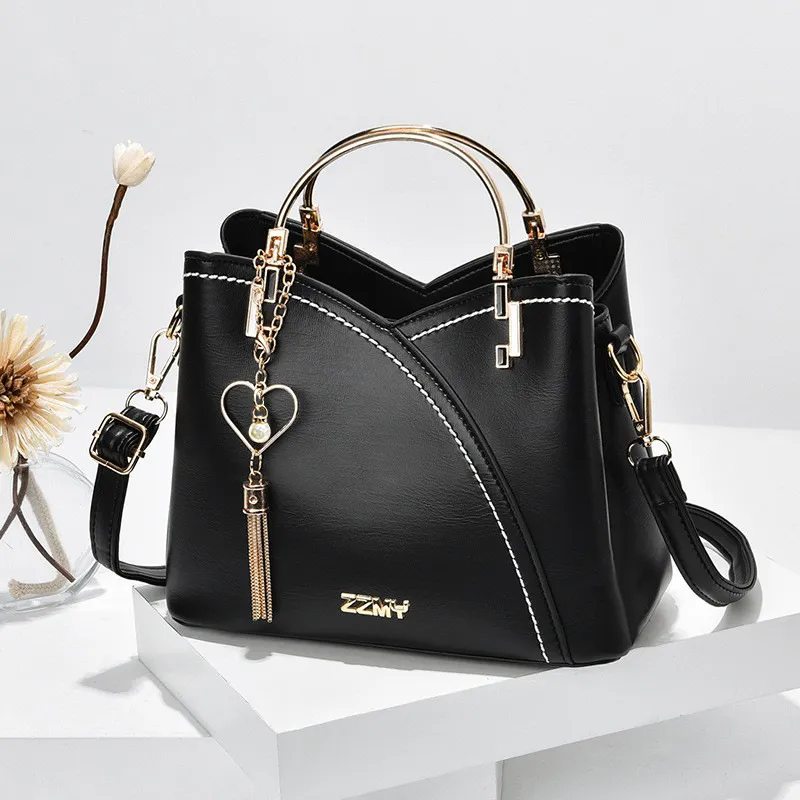 Women Fashionable Large Capacity Square PU Shoulder Bag with Heart-Shaped Pendant