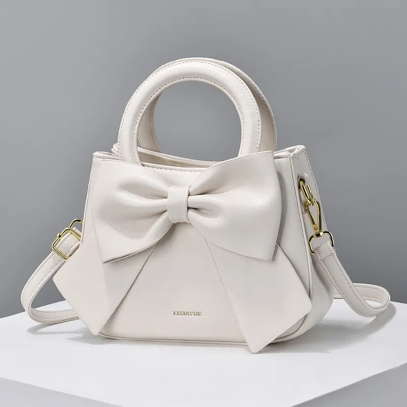 Women Fashion Solid Color Large Capacity Square Bow Decorative Handle Shoulder Bag