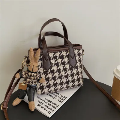 Women Fashion Retro Houndstooth Check Rabbit Pendant Square Handle Shoulder Bag