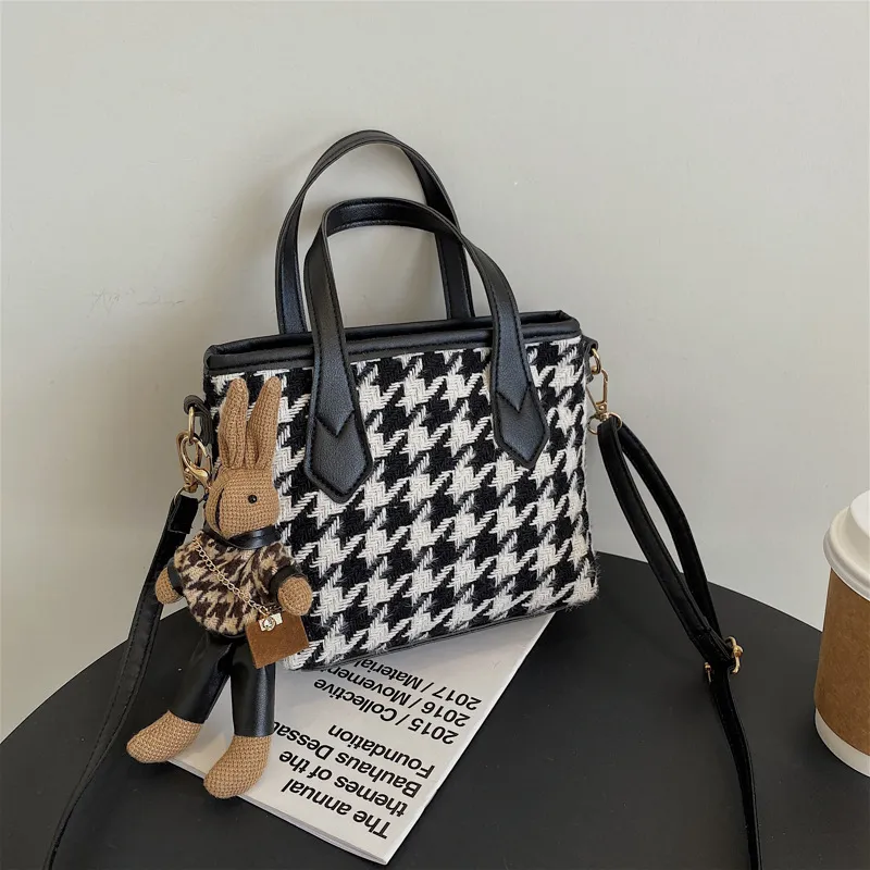 Women Fashion Retro Houndstooth Check Rabbit Pendant Square Handle Shoulder Bag