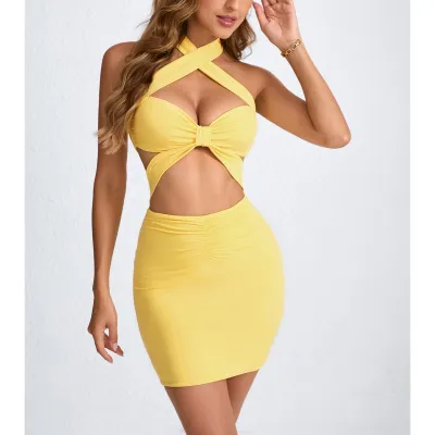 Summer Nightclub Women Fashion Sexy Cross Cutout Tight Mini Dress