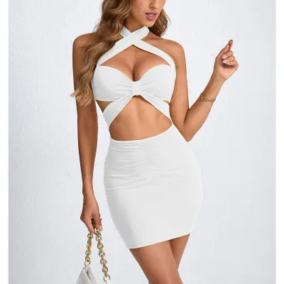 Summer Nightclub Women Fashion Sexy Cross Cutout Tight Mini Dress