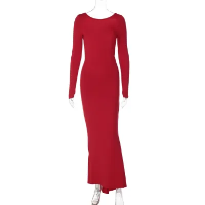 Women Fashion Solid Color Sexy Backless Creased Slim Long Sleeve Maxi Dress