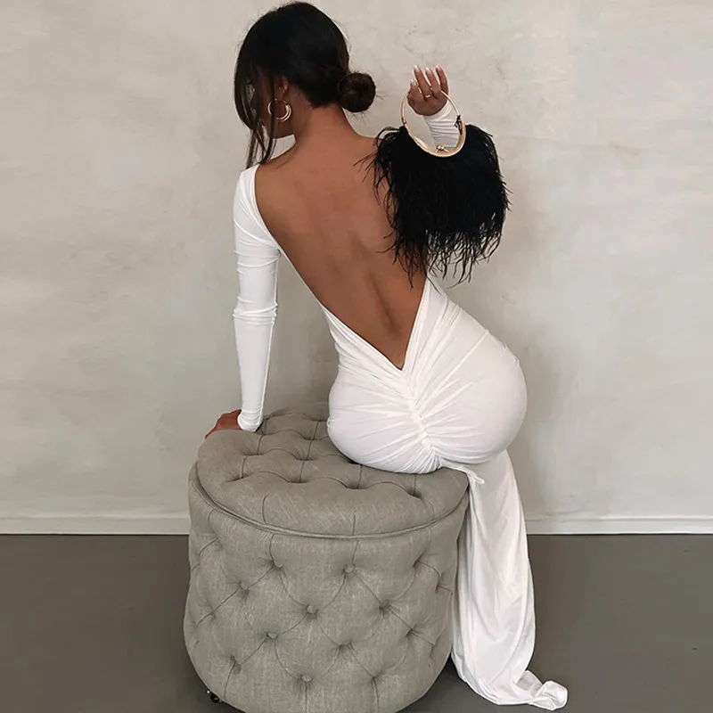 Women Fashion Solid Color Sexy Backless Creased Slim Long Sleeve Maxi Dress