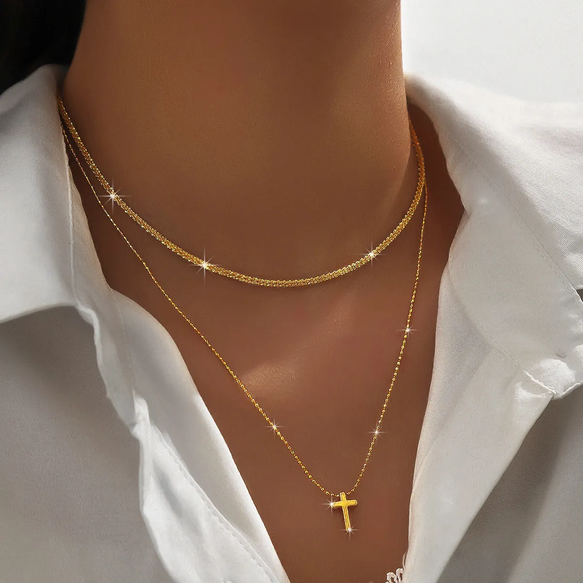 Women Thin Flash Cross Pendant Multi-Layer Necklace