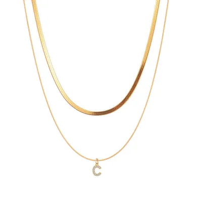 Women Fashion Titanium Steel Double Layer Flat Snake Chain 26 Alphabet Pendant Stacked Necklace