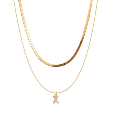 Women Fashion Titanium Steel Double Layer Flat Snake Chain 26 Alphabet Pendant Stacked Necklace