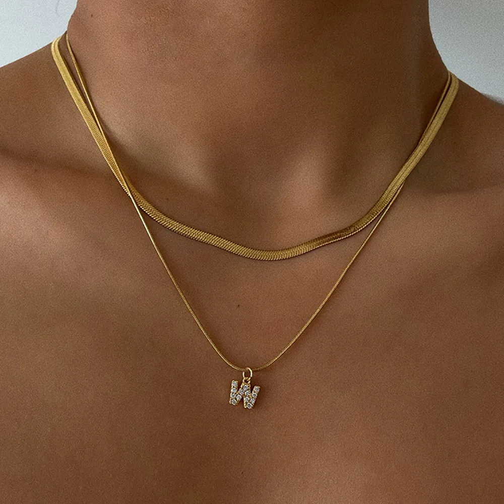 Women Fashion Titanium Steel Double Layer Flat Snake Chain 26 Alphabet Pendant Stacked Necklace