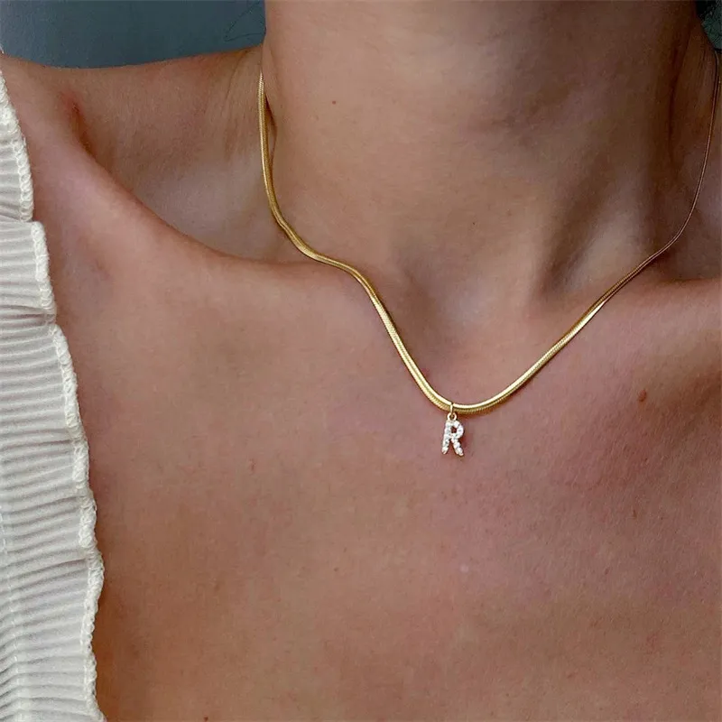 Women Fashion Retro 26 English Alphabet Pendant Titanium Steel Flat Snake Necklace