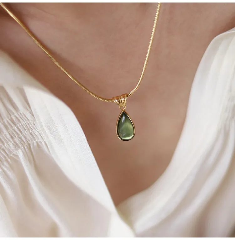 Women Vintage Olive Green Blue Water Drop Pendant Necklace Titanium Steel Snake Chain