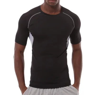 Men Casual Striped Quick Dry Short Sleeve Round Neck Sports Tight T-Shirt Milk Fiber