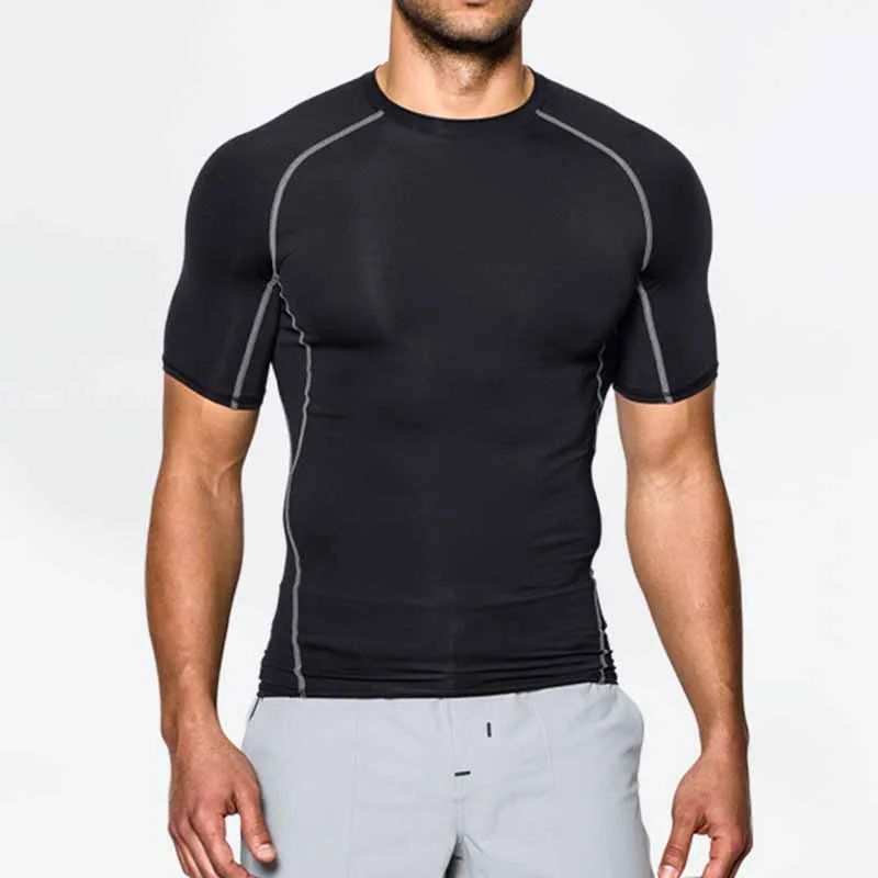 Men Casual Striped Quick Dry Short Sleeve Round Neck Sports Tight T-Shirt Milk Fiber