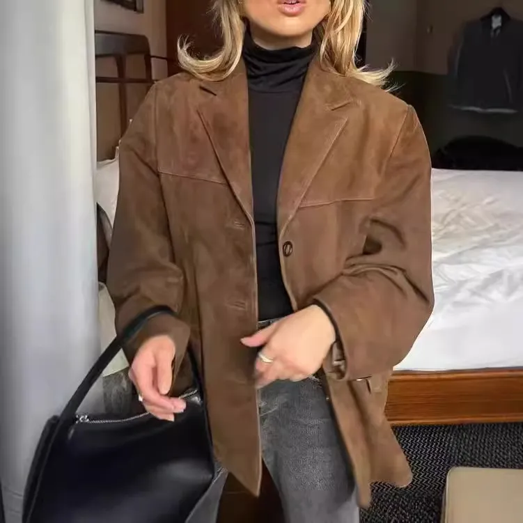 Autumn Winter Women Vintage Frosted Velvet Loose Long Sleeve Jacket