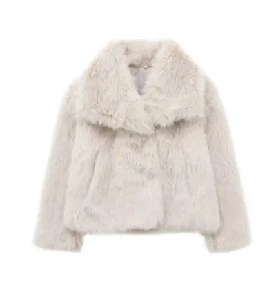 Women Autumn Winter Solid Color Lapel Plush Faux Fur Long Sleeve Jacket