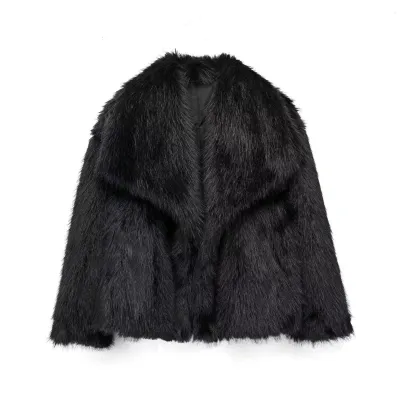 Women Autumn Winter Solid Color Lapel Plush Faux Fur Long Sleeve Jacket