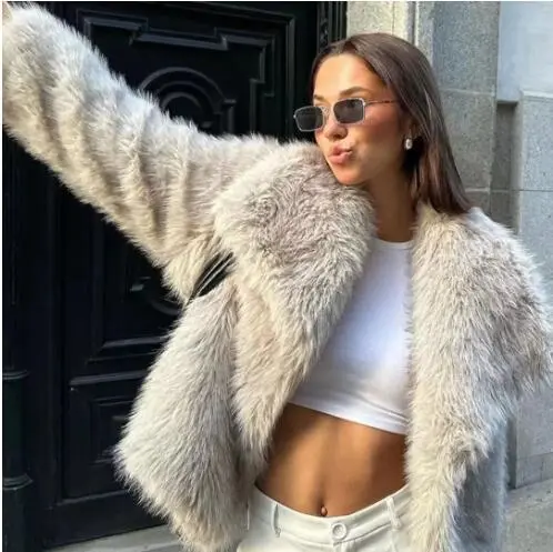 Women Autumn Winter Solid Color Lapel Plush Faux Fur Long Sleeve Jacket