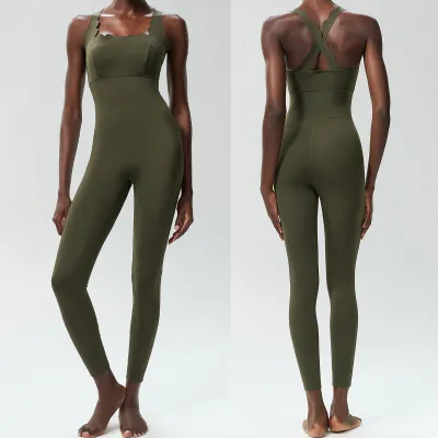Women Casual Solid Color Cross Wave Edge Sports Tight Yoga Jumpsuits