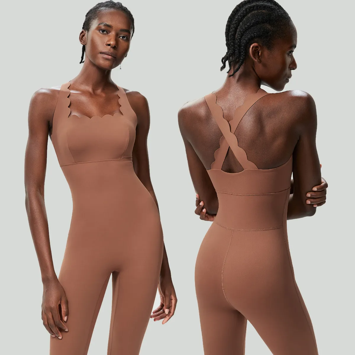 Women Casual Solid Color Cross Wave Edge Sports Tight Yoga Jumpsuits