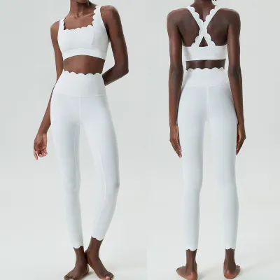 Women Casual Solid Color Liquid Glue Wave Yoga Sports Top Pants Two-Piece Set
