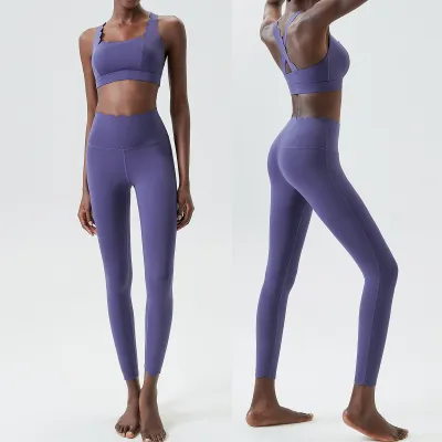 Women Casual Solid Color Liquid Glue Wave Yoga Sports Top Pants Two-Piece Set
