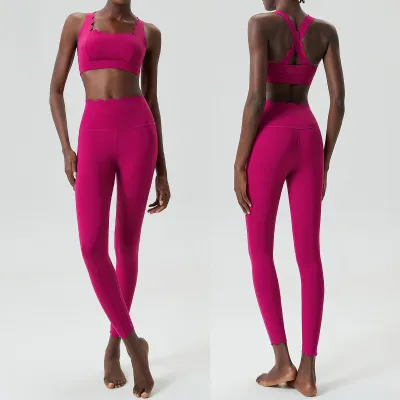 Women Casual Solid Color Liquid Glue Wave Yoga Sports Top Pants Two-Piece Set