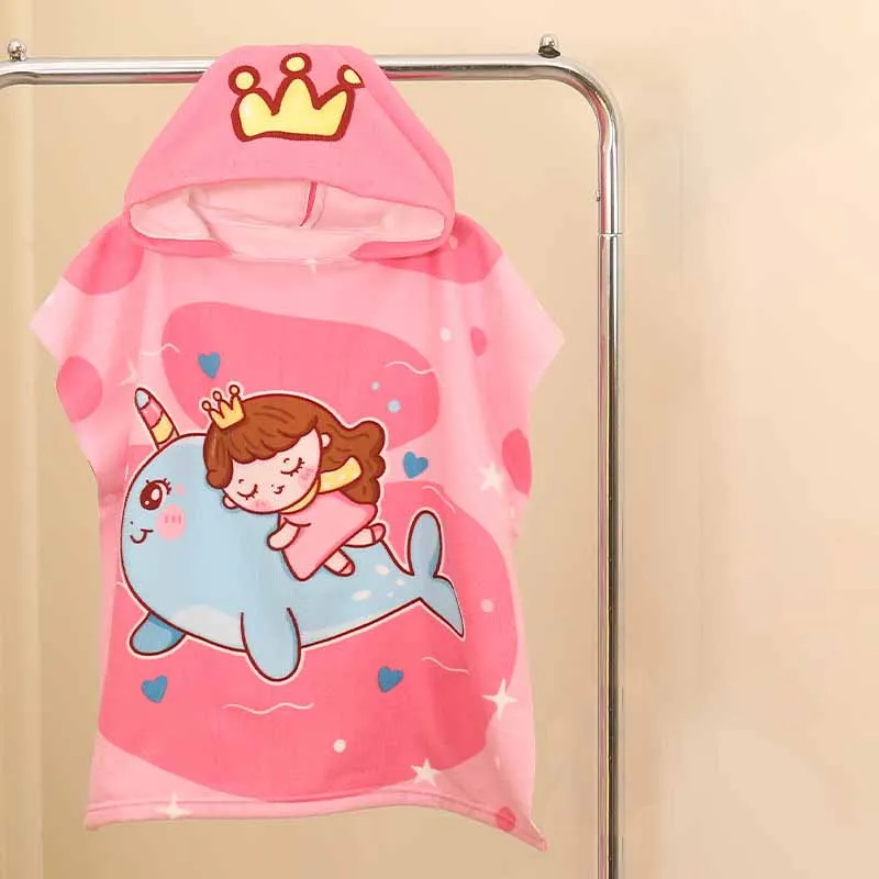 Kids Unisex Cartoon Print Beach Hooded Bath Towel Cape - Superfine Fiber