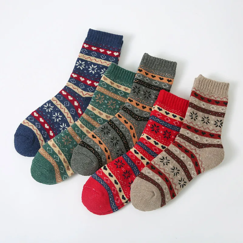 Autumn Winter Women Vintage Ethnic Style Thickened Warm Stripe Color-Matching Cotton Socks