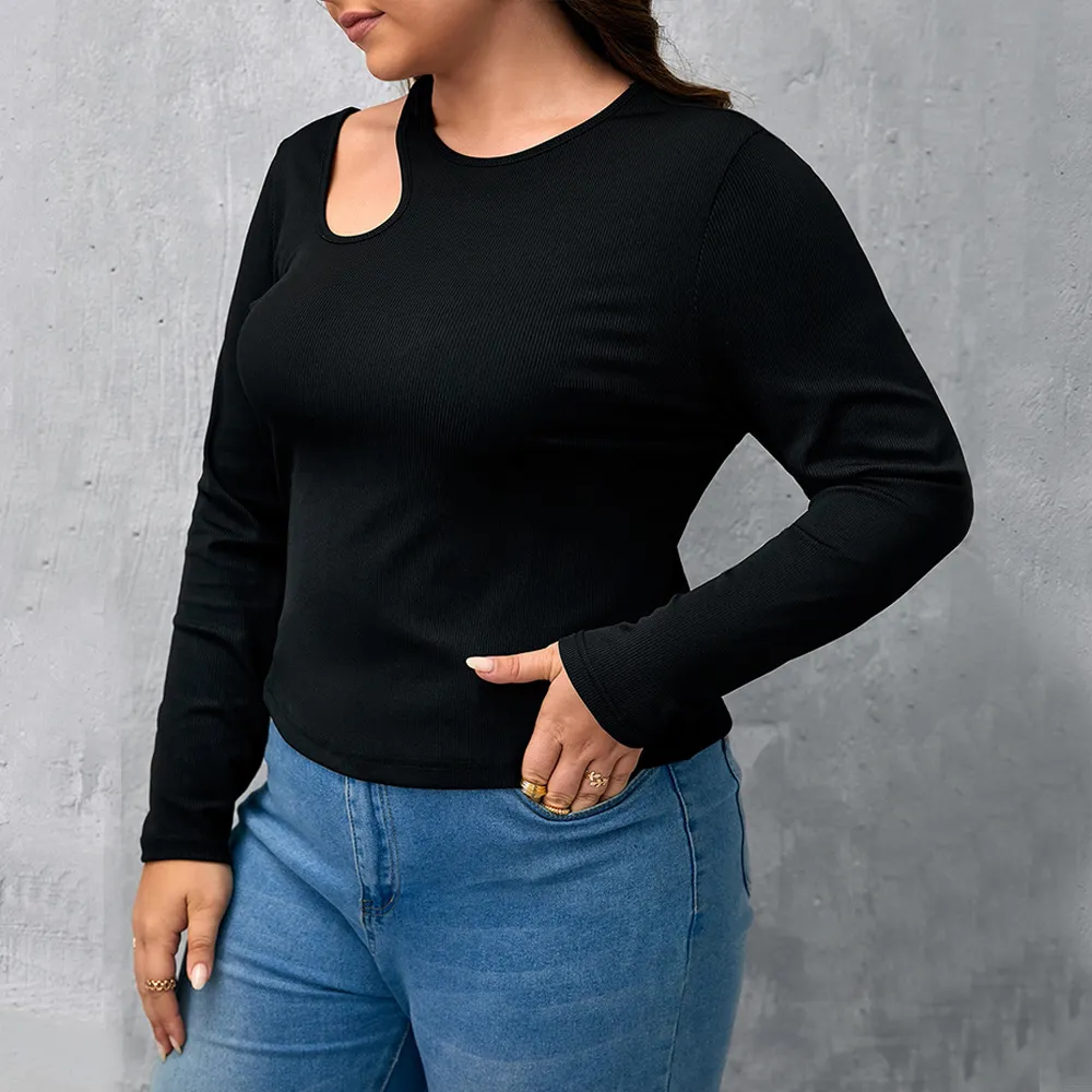 Women Plus Size Hollow Thread Knitted Pullover Top Long Sleeve Street Hipster Slim Fit