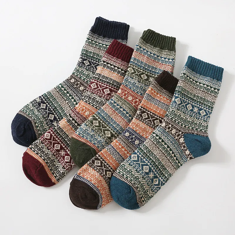 Autumn Winter Men Retro Ethnic Diamond Corrugated Thick Warm Socks