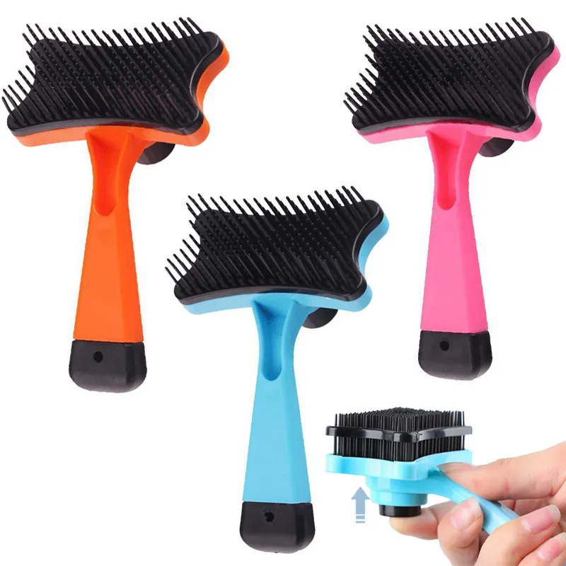Pet Products Press Type Small and Medium Cat Dog Comb - ABS Grooming Brush for Shedding, Blue Pink Orange