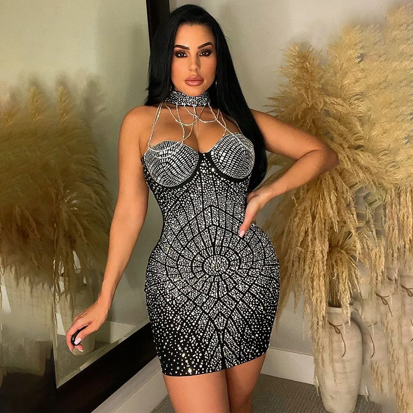Women Sexy Halter Neck Dress with Tassel Rhinestone