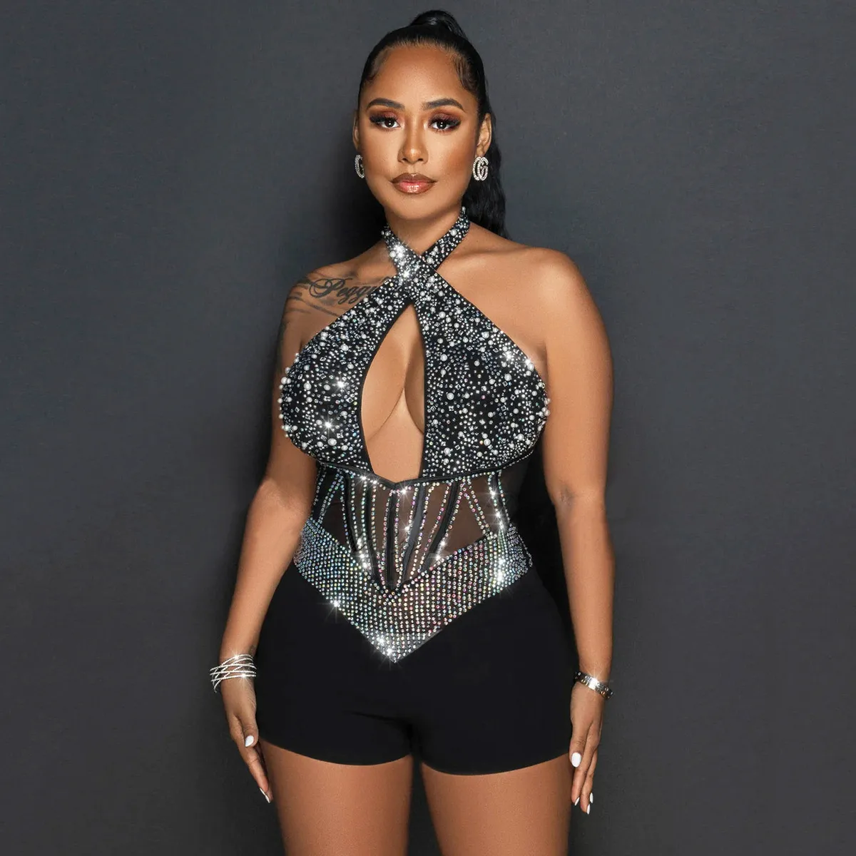 Women Fashion Sexy Mesh Cross Halter Neck Rhinestone Tight Rompers