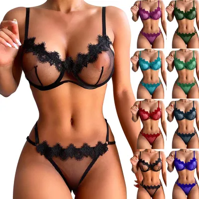 Women Sexy Lace Perspective Mesh Bra Set