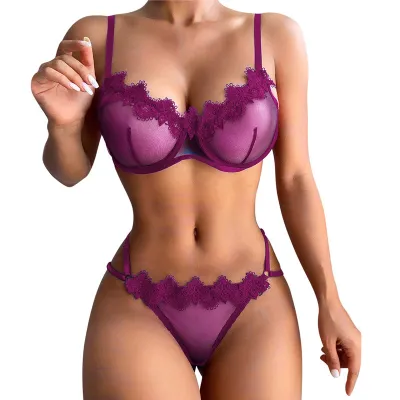 Women Sexy Lace Perspective Mesh Bra Set