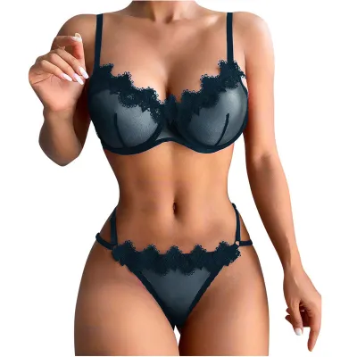 Women Sexy Lace Perspective Mesh Bra Set