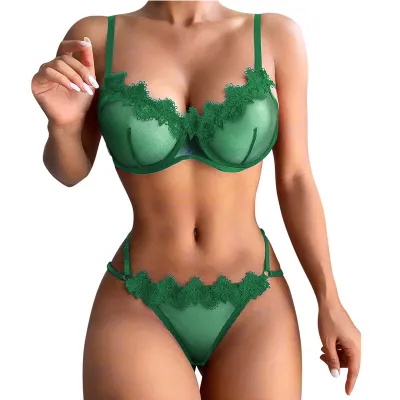 Women Sexy Lace Perspective Mesh Bra Set