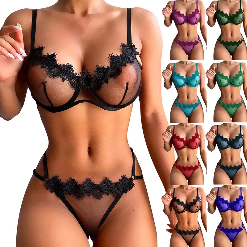 Women Sexy Lace Perspective Mesh Bra Set