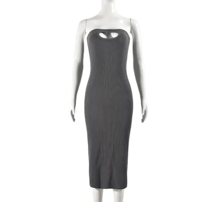 Summer Women Fashion Sexy Tube Top Hollow Slim Fit Long Dress