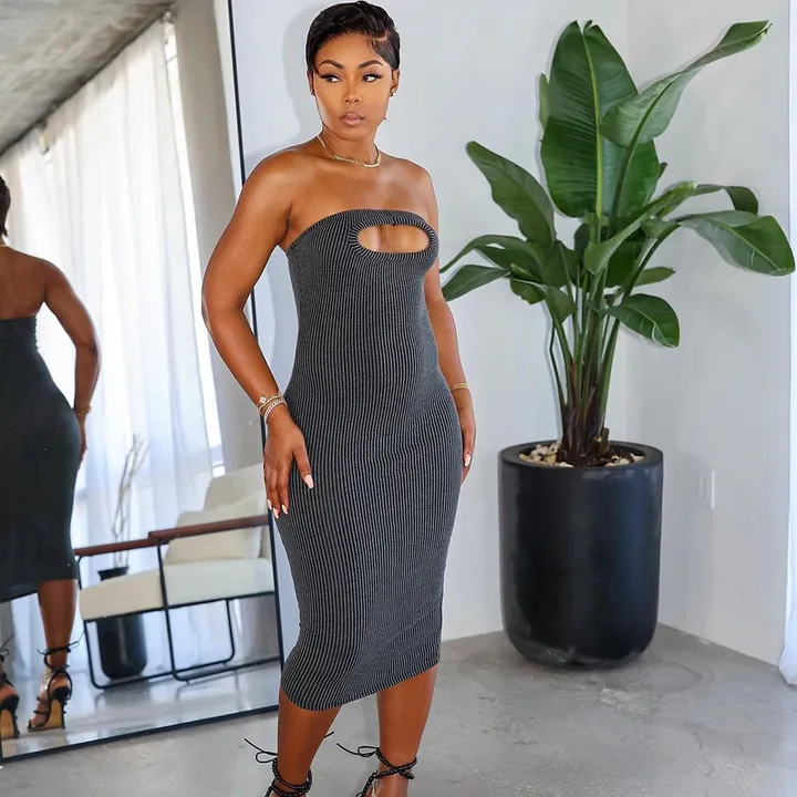 Summer Women Fashion Sexy Tube Top Hollow Slim Fit Long Dress