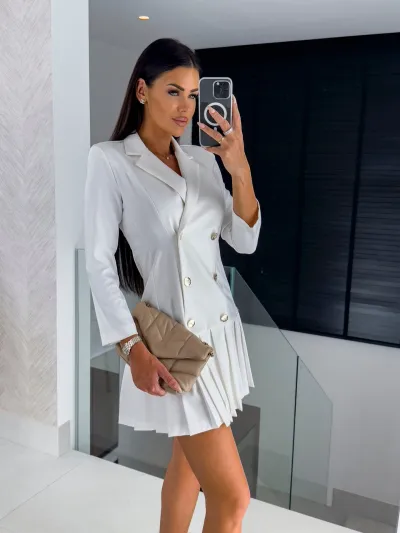 Autumn Women Casual V-Neck Slim Long Sleeve Blazer Pleated Dress