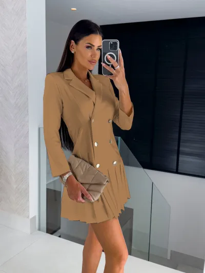 Autumn Women Casual V-Neck Slim Long Sleeve Blazer Pleated Dress