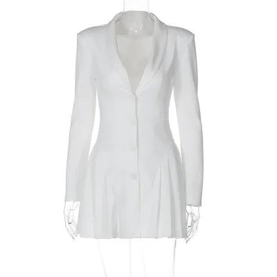 Women Fashion Solid Color Deep V Long Sleeve Suit Collar Pleated Dress