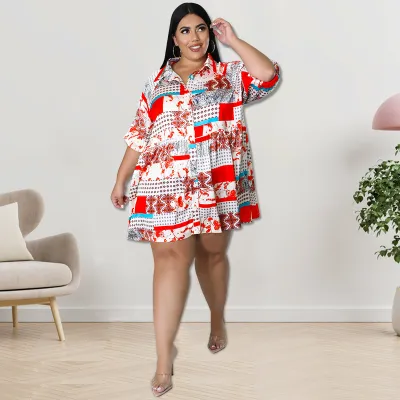 Plus Size Women Summer Printing Mid-Sleeve Shirt Dress