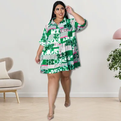 Plus Size Women Summer Printing Mid-Sleeve Shirt Dress