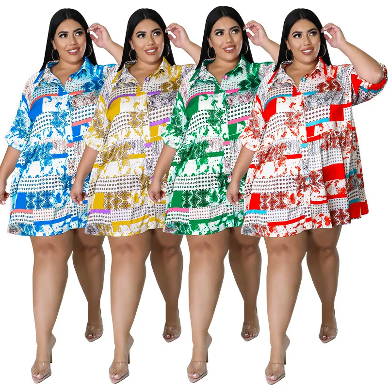 Plus Size Women Summer Printing Mid-Sleeve Shirt Dress